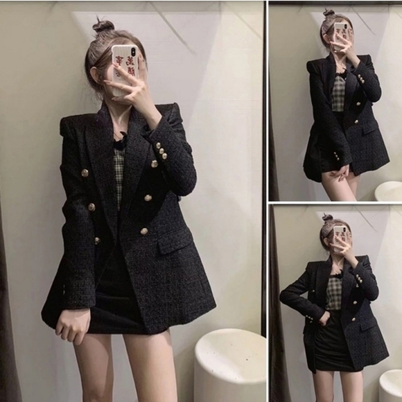 ZARA Tweed Textured Weave Double Breasted  Blazer Black - Picture 3 of 15